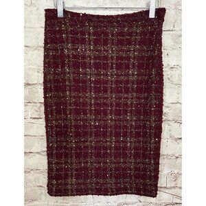 The Limited Womens Pencil Skirt Boucle Knit Plaid Sequin Burgundy Gold - 2 Tall